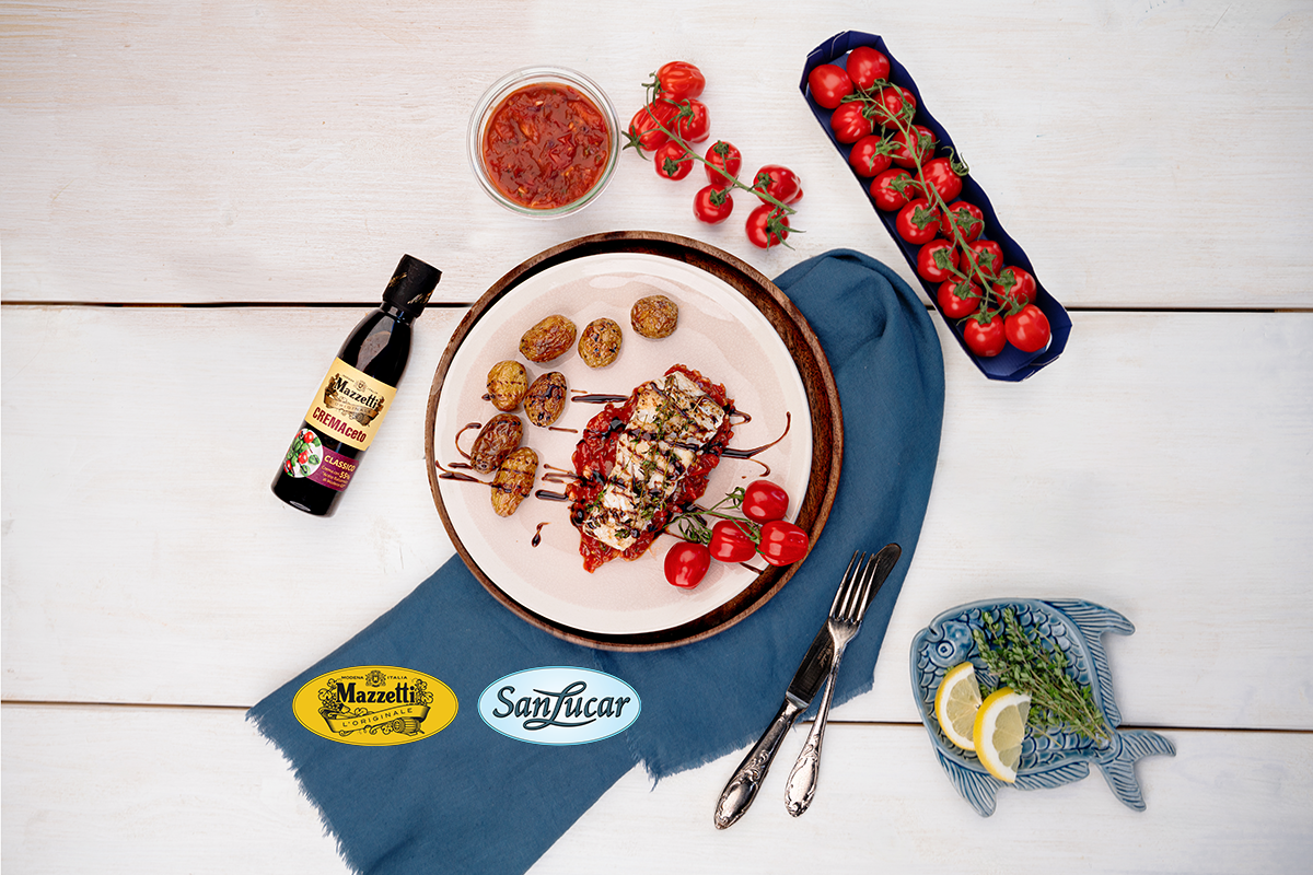 Gratiniertes Zanderfilet mit Tomatenküsse-Balsamico-Relish mit Balsamico Essig